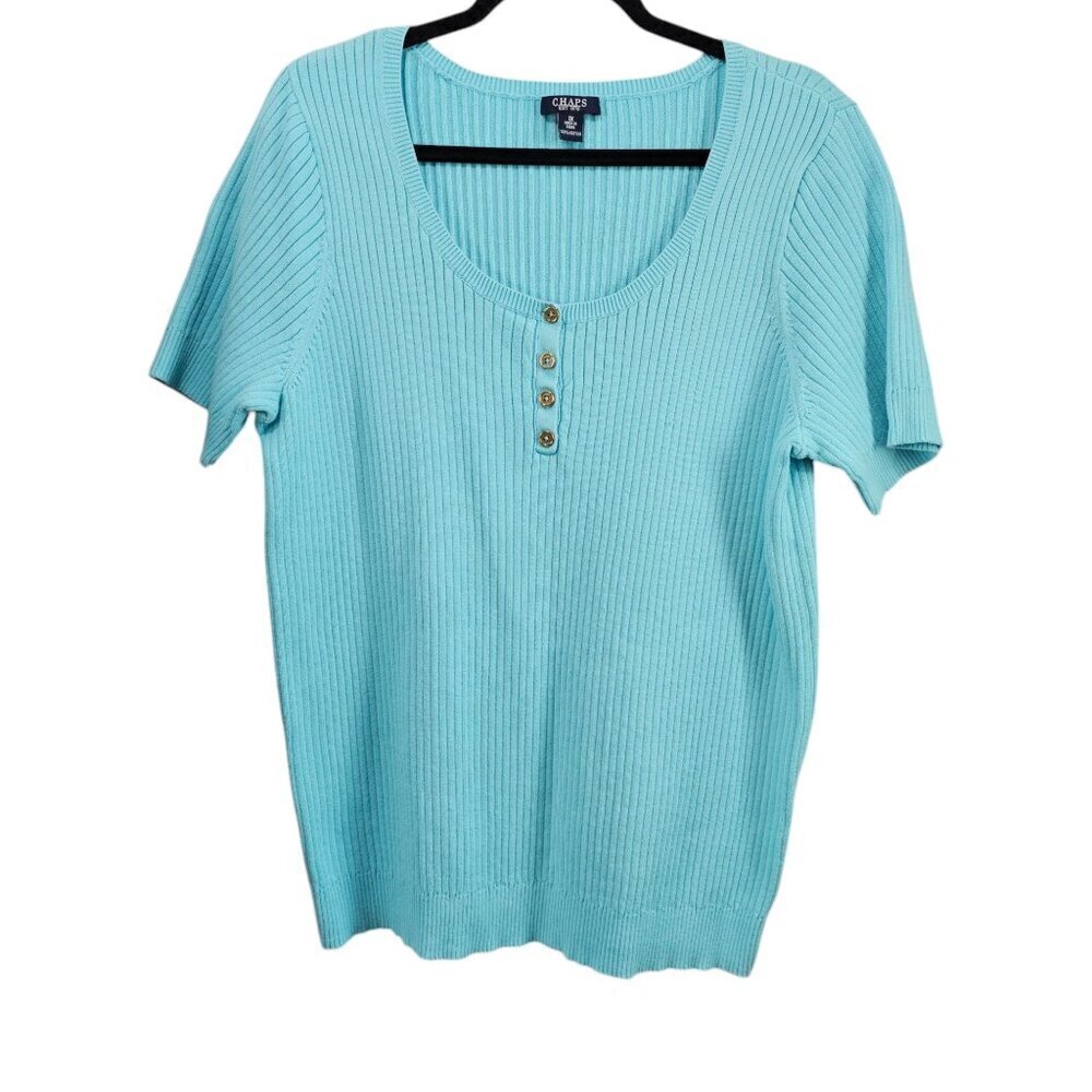 Chaps Ribbed Knit Short Sleeve Cotton Blue Sweater Top